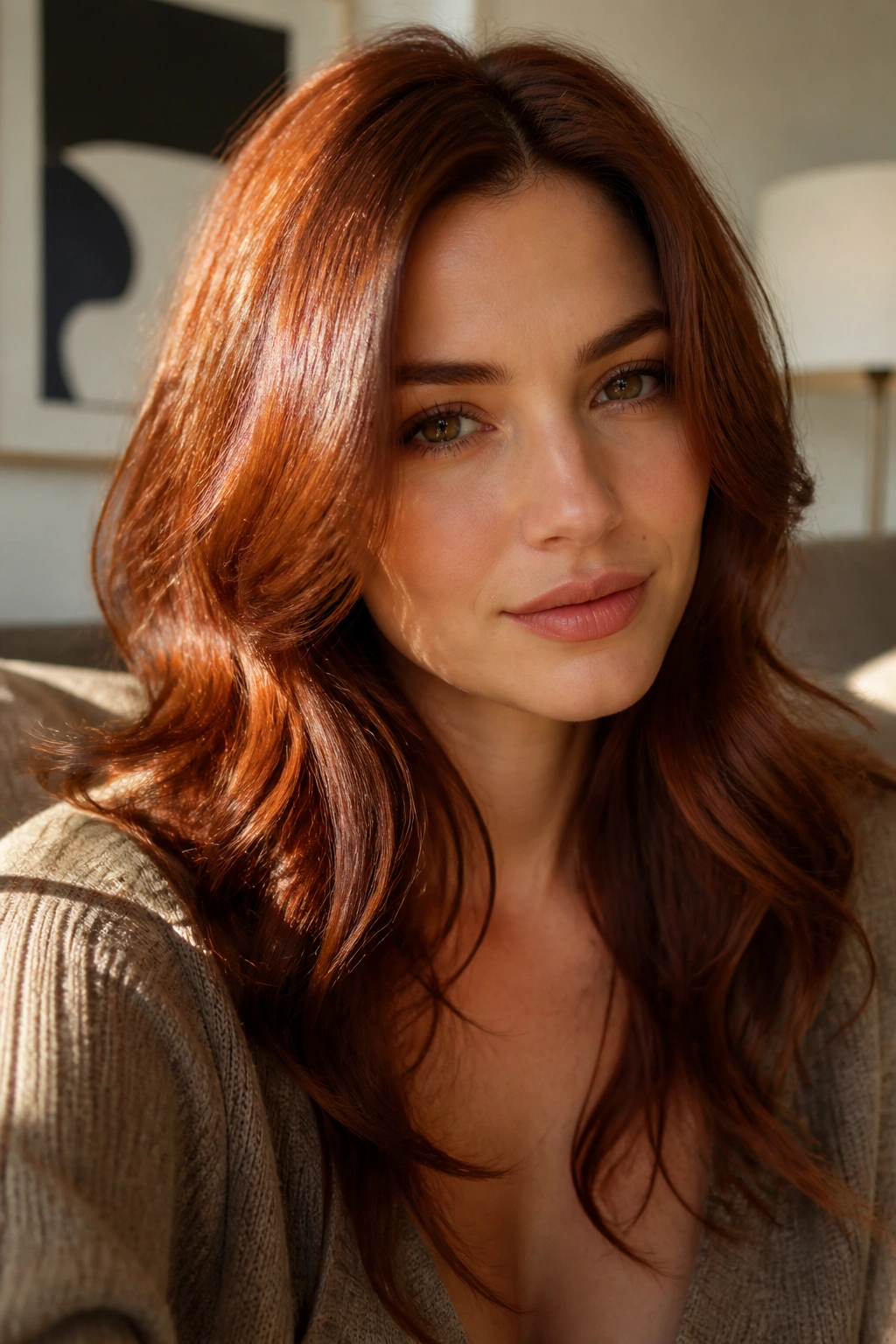 Portrait of a woman with auburn brown hair showing red undertones in warm light.