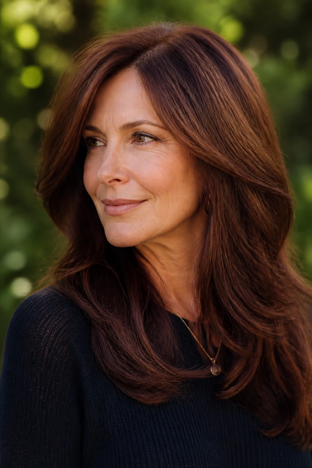 Real-woman portrait showing auburn-brown hair with rich depth in natural light.