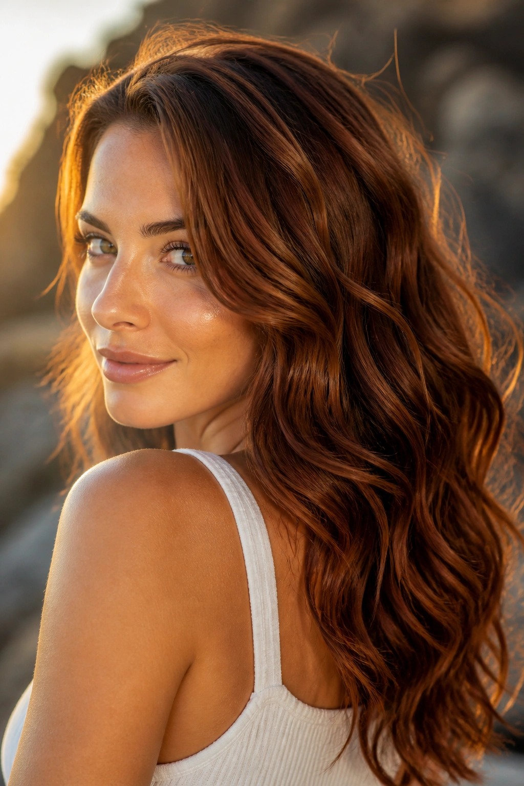 Close-up of auburn brown hair with loose waves catching light.