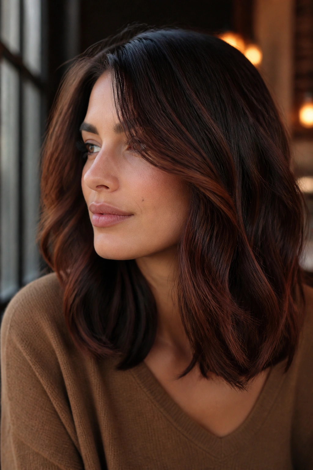 Close-up portrait of a woman with auburn-infused brunette and soft red reflections in the hair