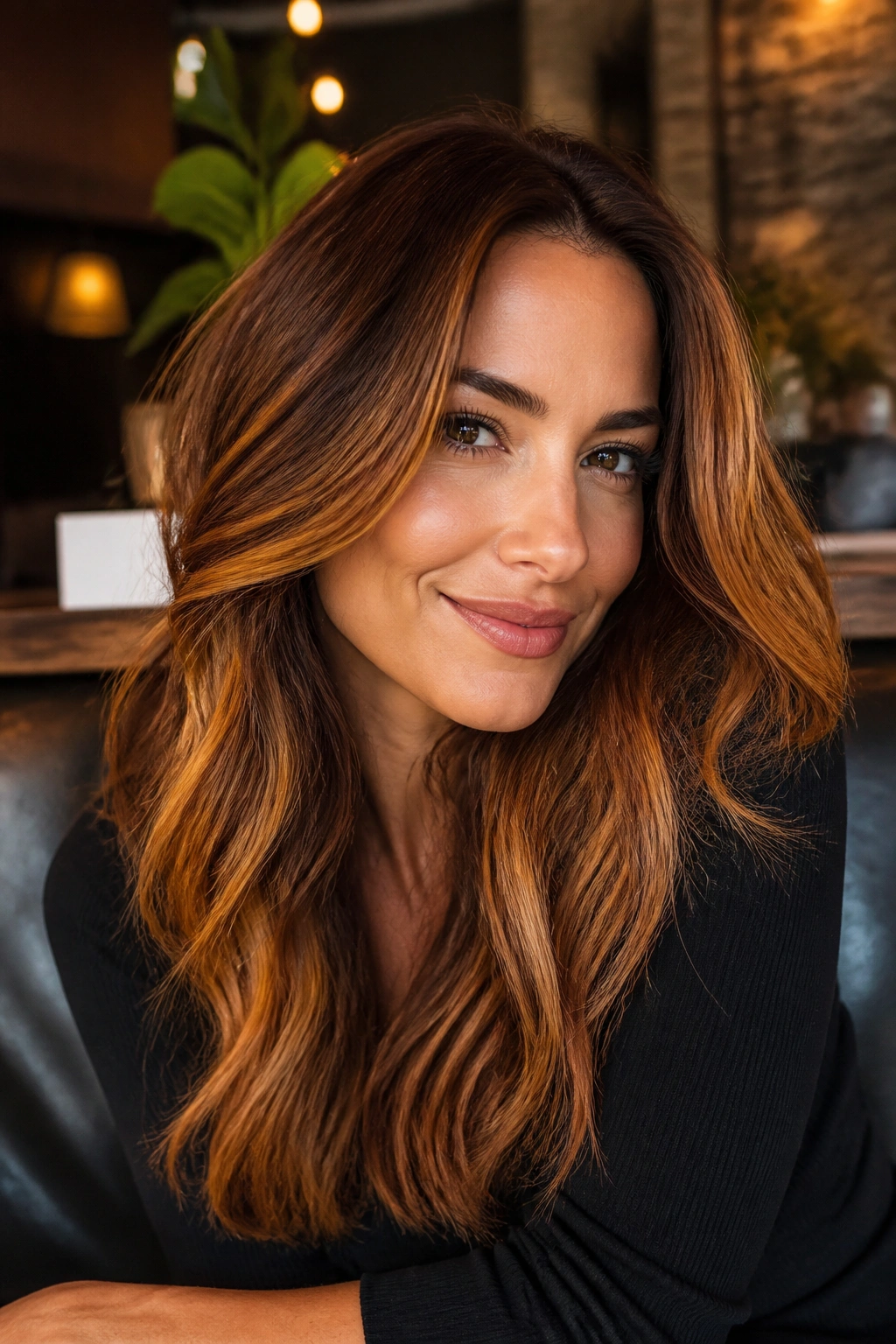 Portrait of a brunette with warm auburn caramel balayage from roots to tips