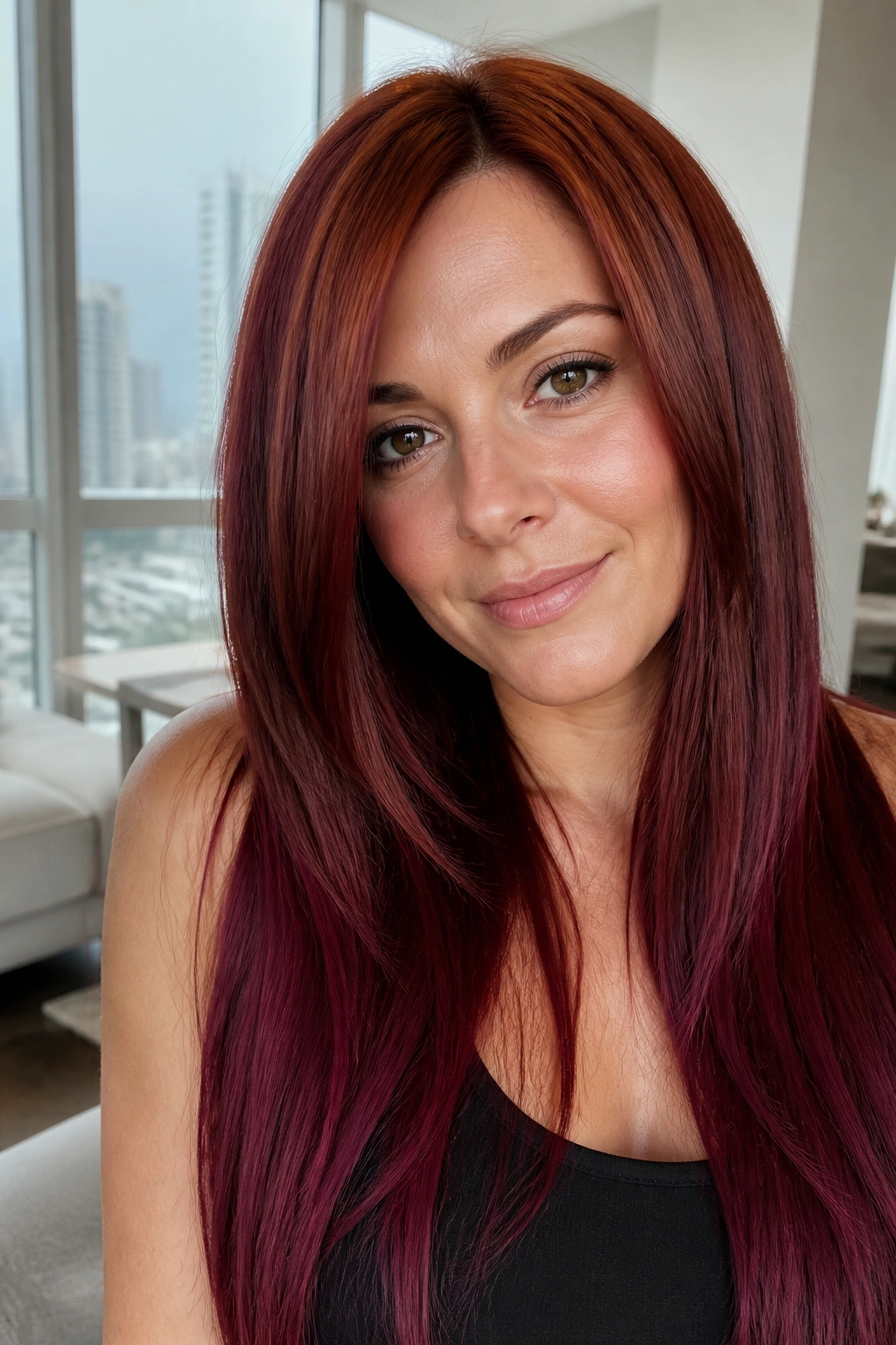 Close-up of a real woman with auburn to cherry cola melt, color gradient from root to ends