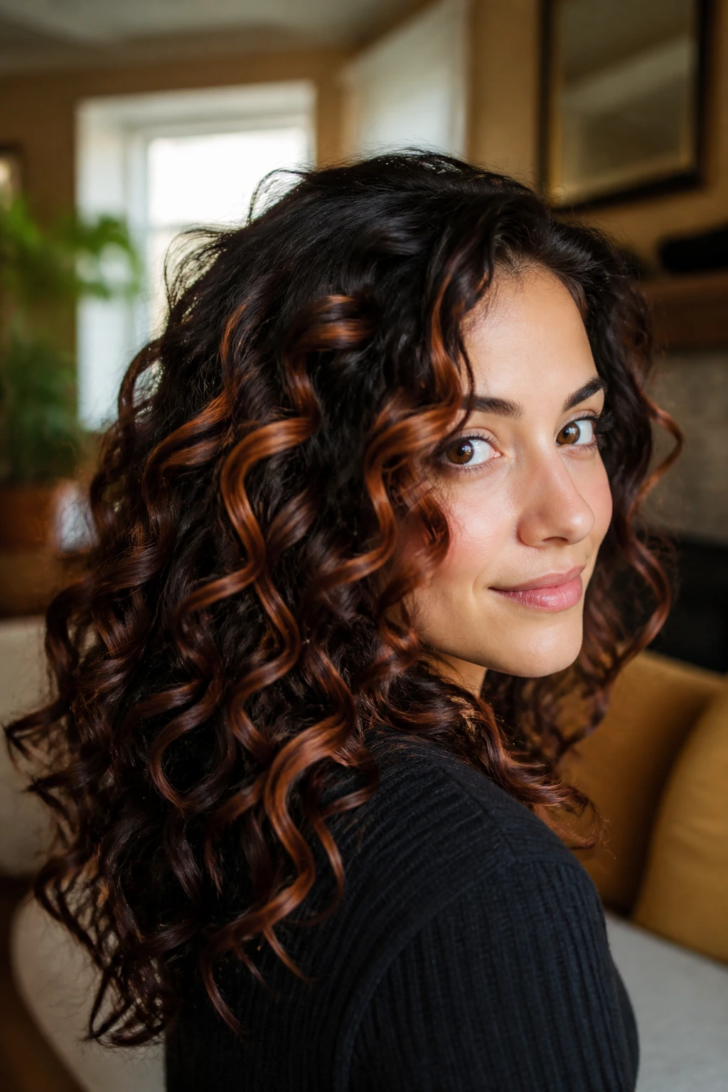 Close-up of auburn chunks on dark brown curls.