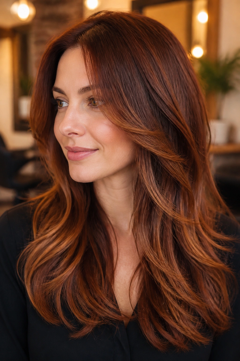 Portrait of auburn to cinnamon ribbon ombre on real hair, layered styling.