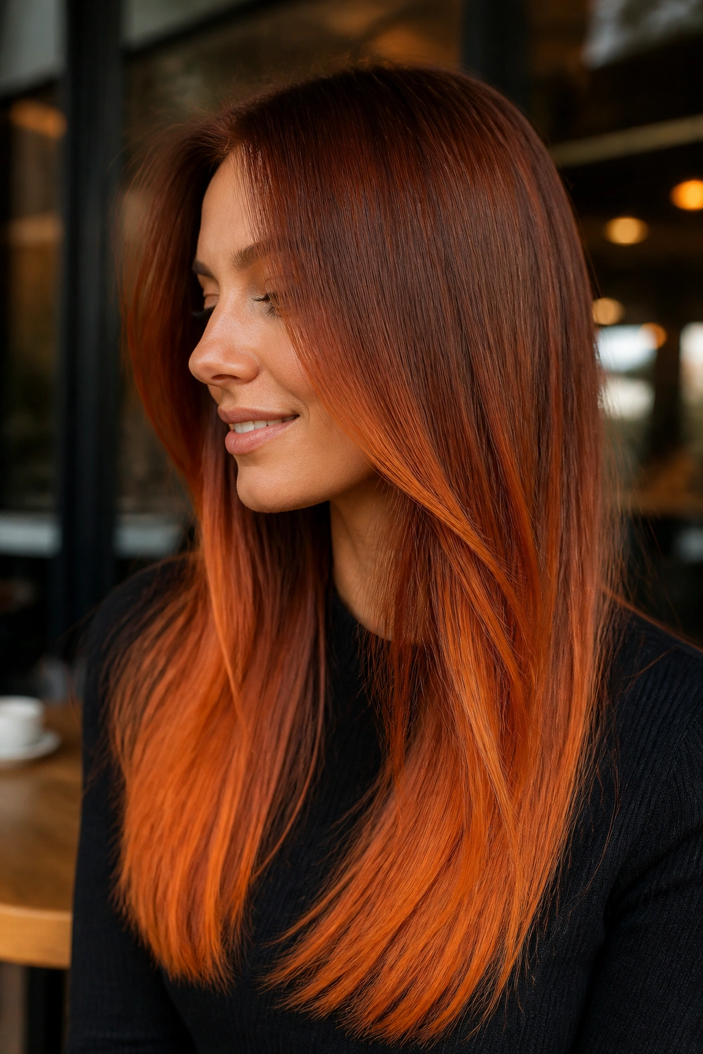 Close-up of a real woman's hair showing auburn to copper flame ombre