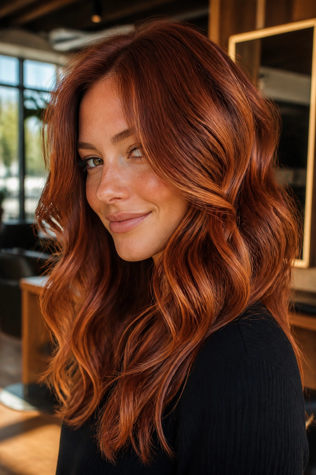 Close-up of a real woman with auburn and copper highlights in wavy hair under warm sunlight