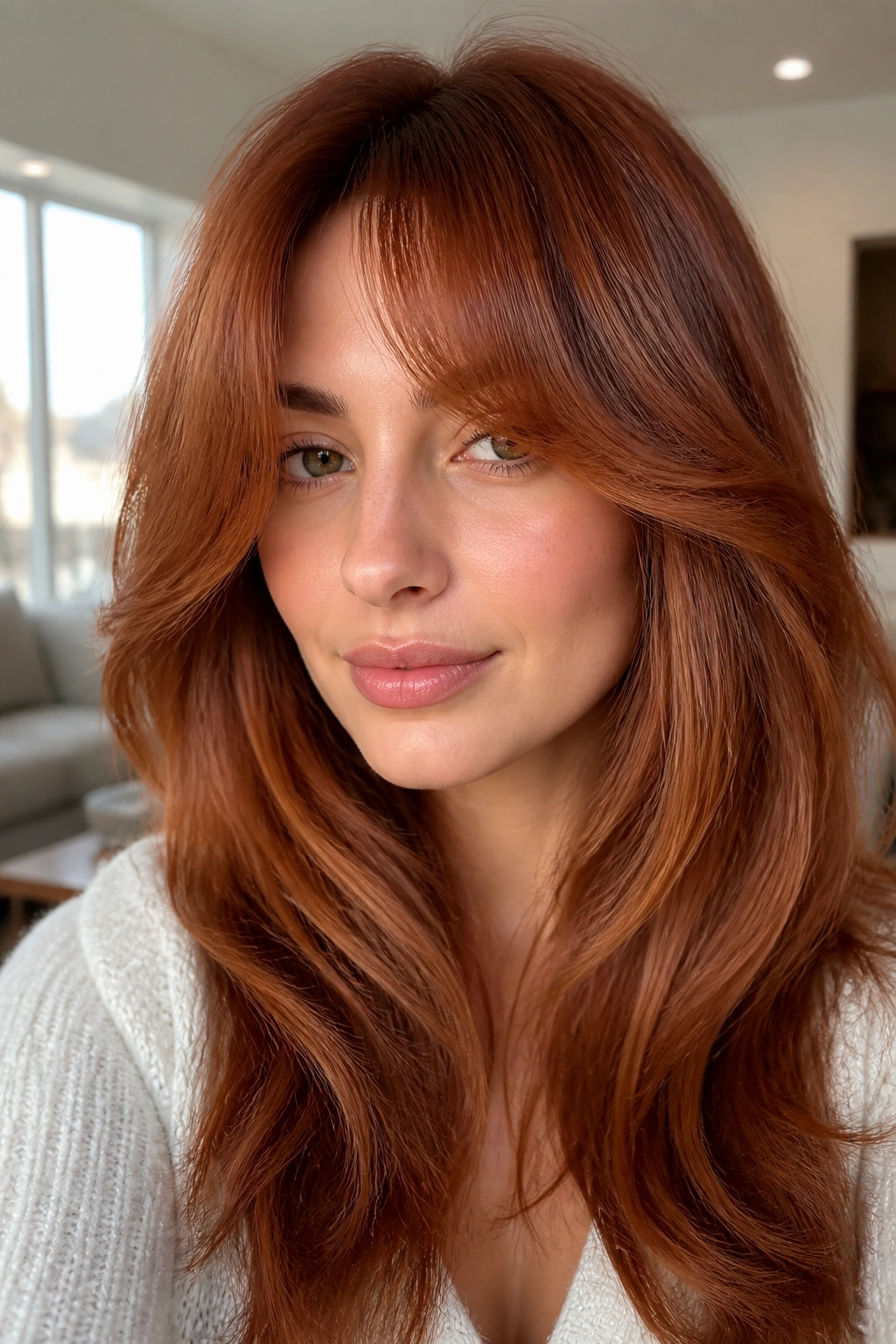 Close-up of a real woman with auburn curtain bangs and glossy finish