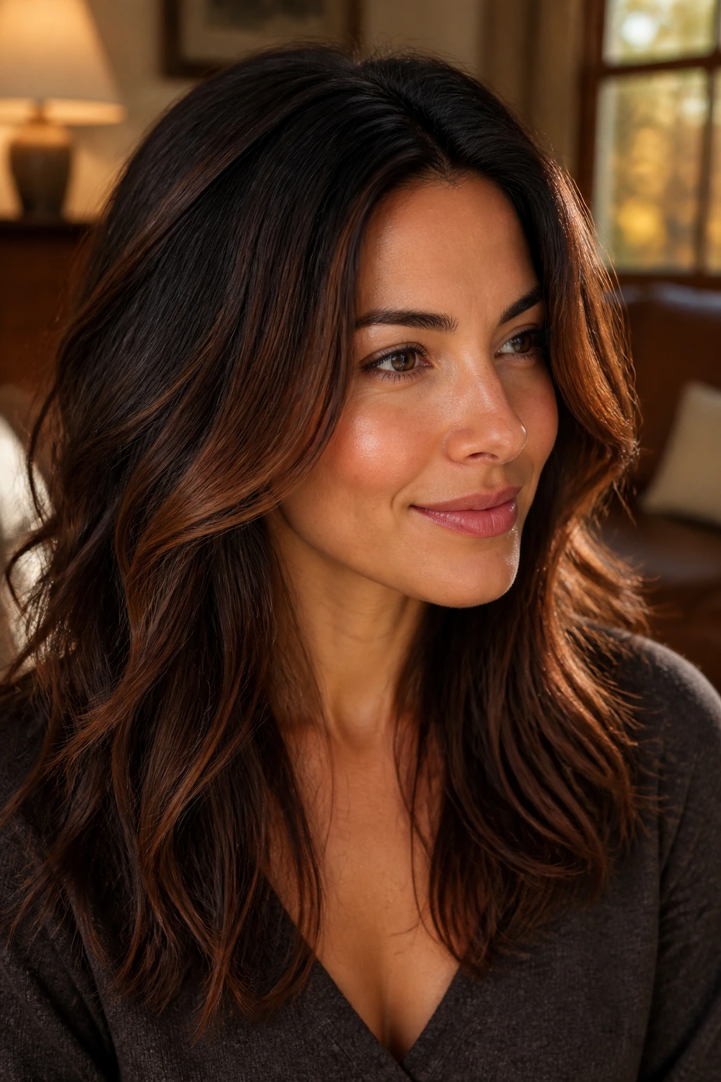 Close-up portrait of a woman with dark brown hair showing subtle auburn flickers in sunlight