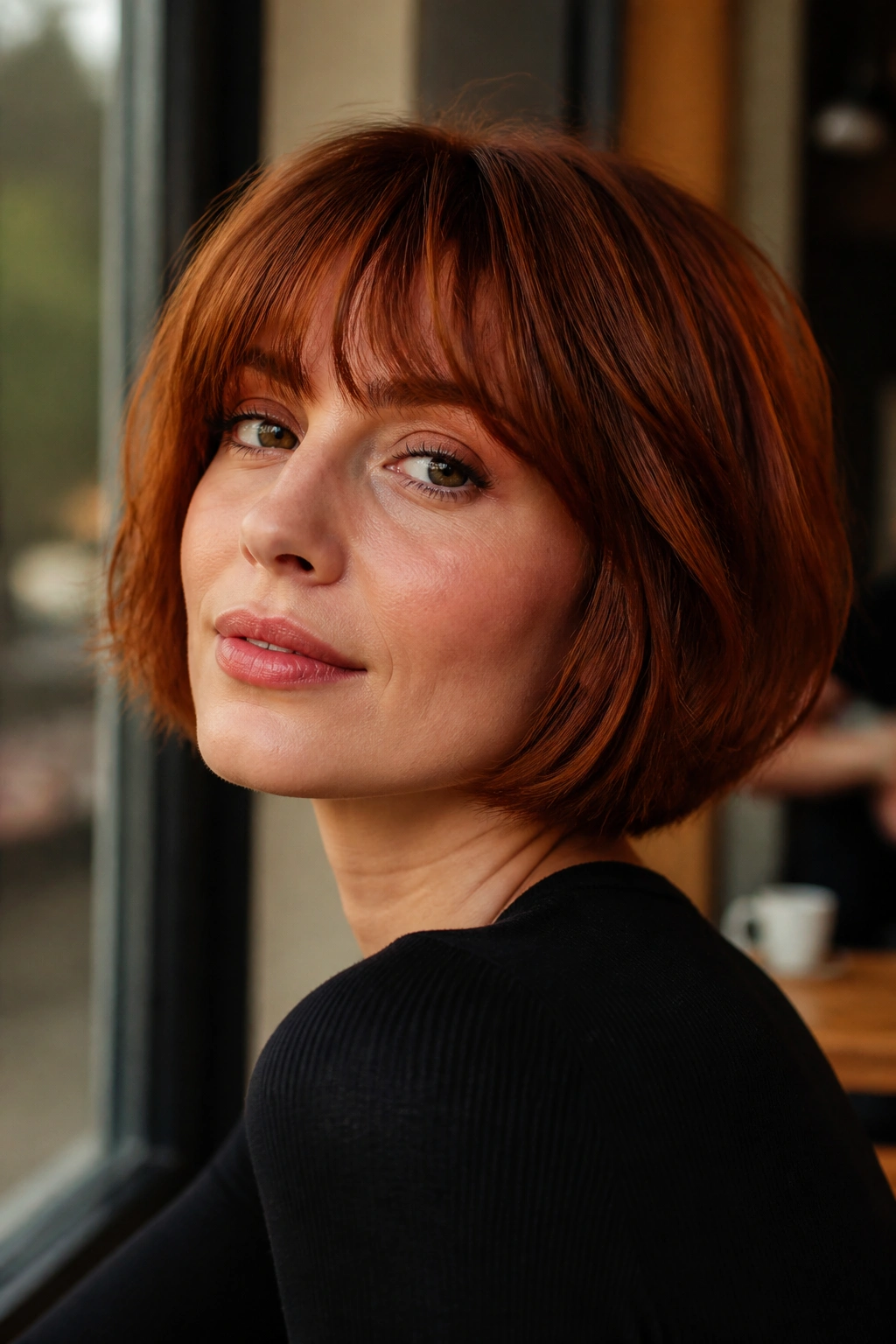 Auburn French bob on a real woman, warm red-brown tones.