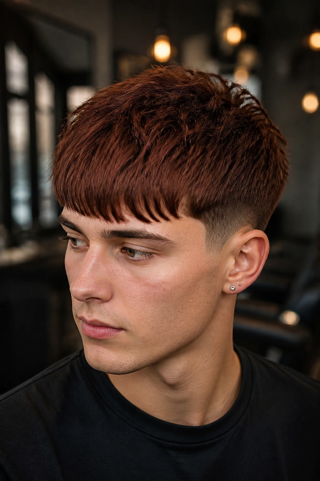 Close-up of a real person with a dark auburn French crop hairstyle.