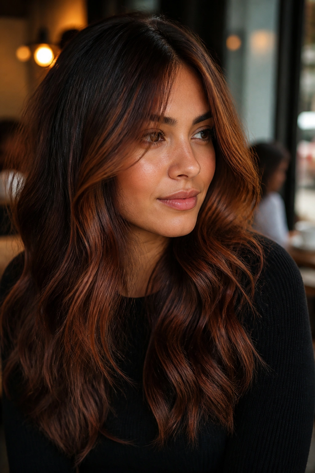 Portrait of a real woman with auburn glaze balayage and face-framing waves in warm indoor light