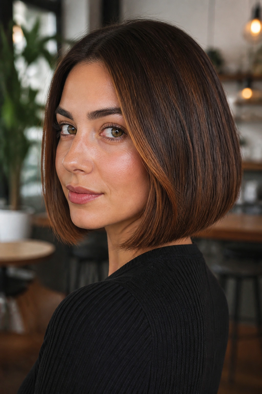 Portrait of brunette blunt bob with auburn glaze