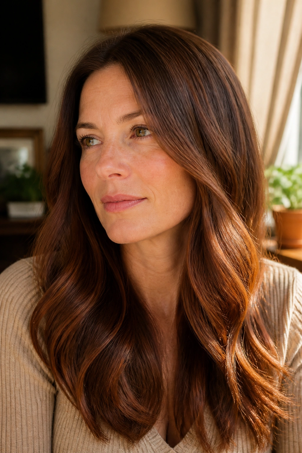 Close-up of a real woman with medium brown hair with auburn gloss shine