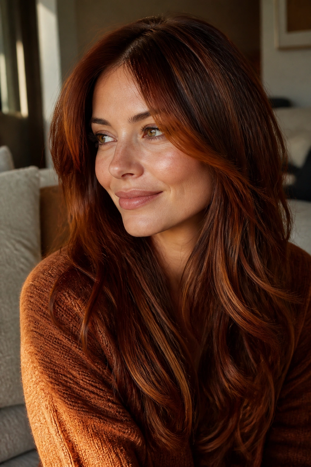 Close-up of auburn hair with soft highlights creating a warm halo