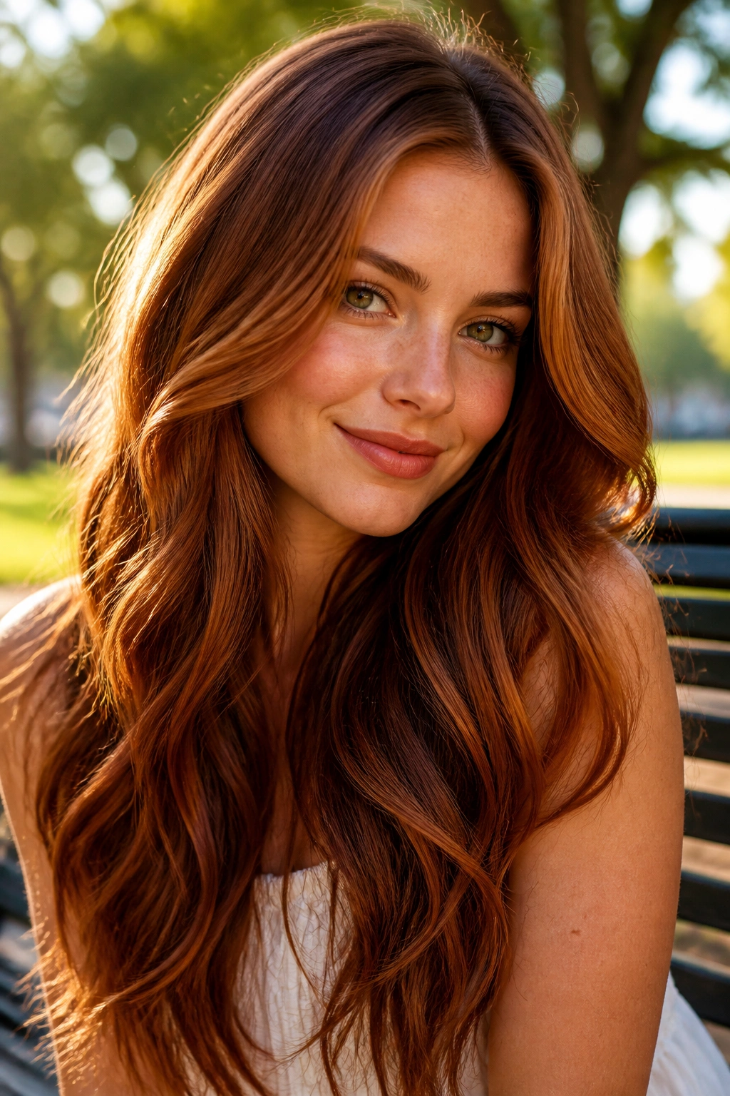 Close-up portrait of a real woman with rich auburn hair and soft ribbon highlights