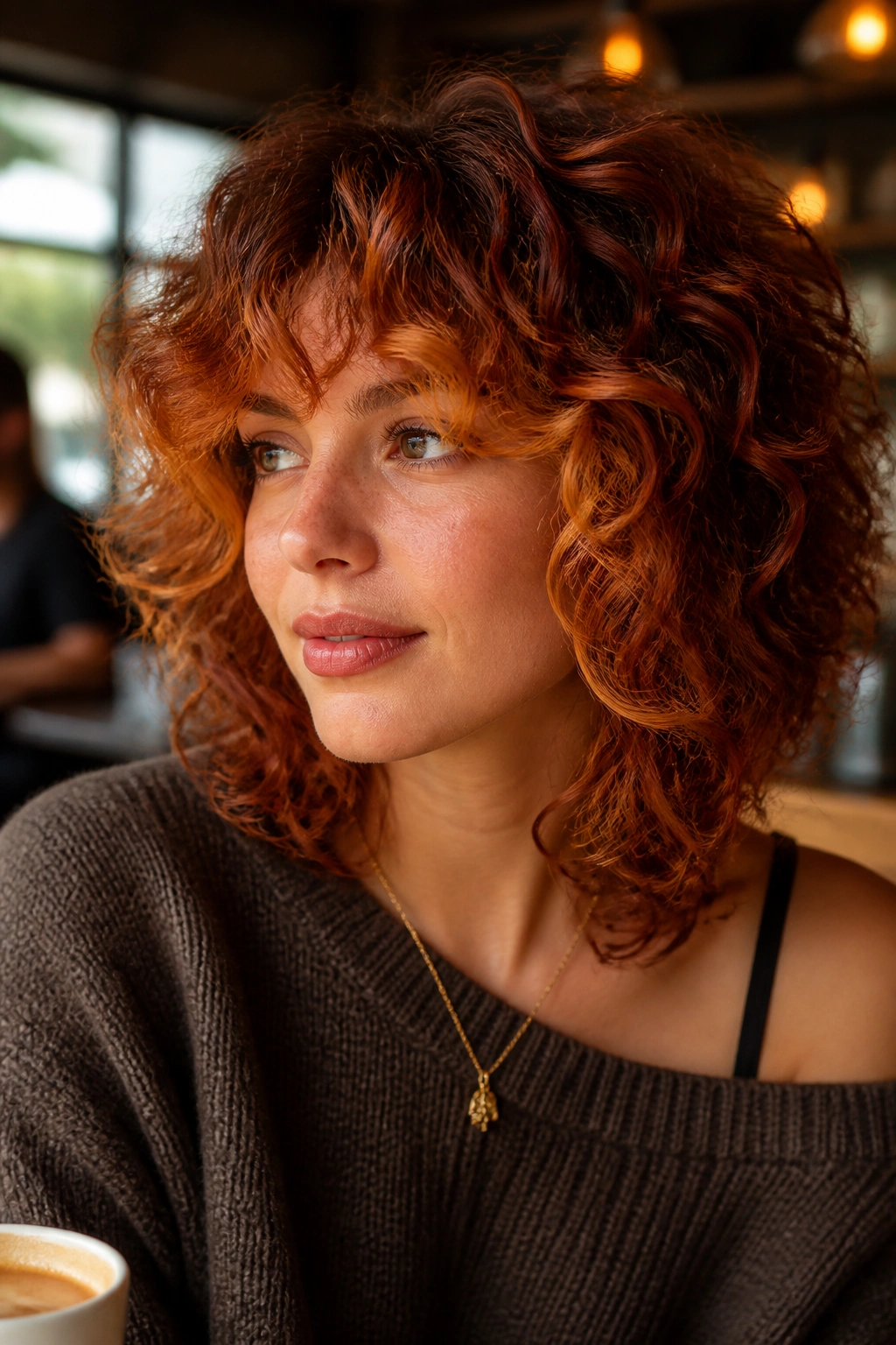 Close-up of a real woman with auburn halo around a curly shag hairstyle