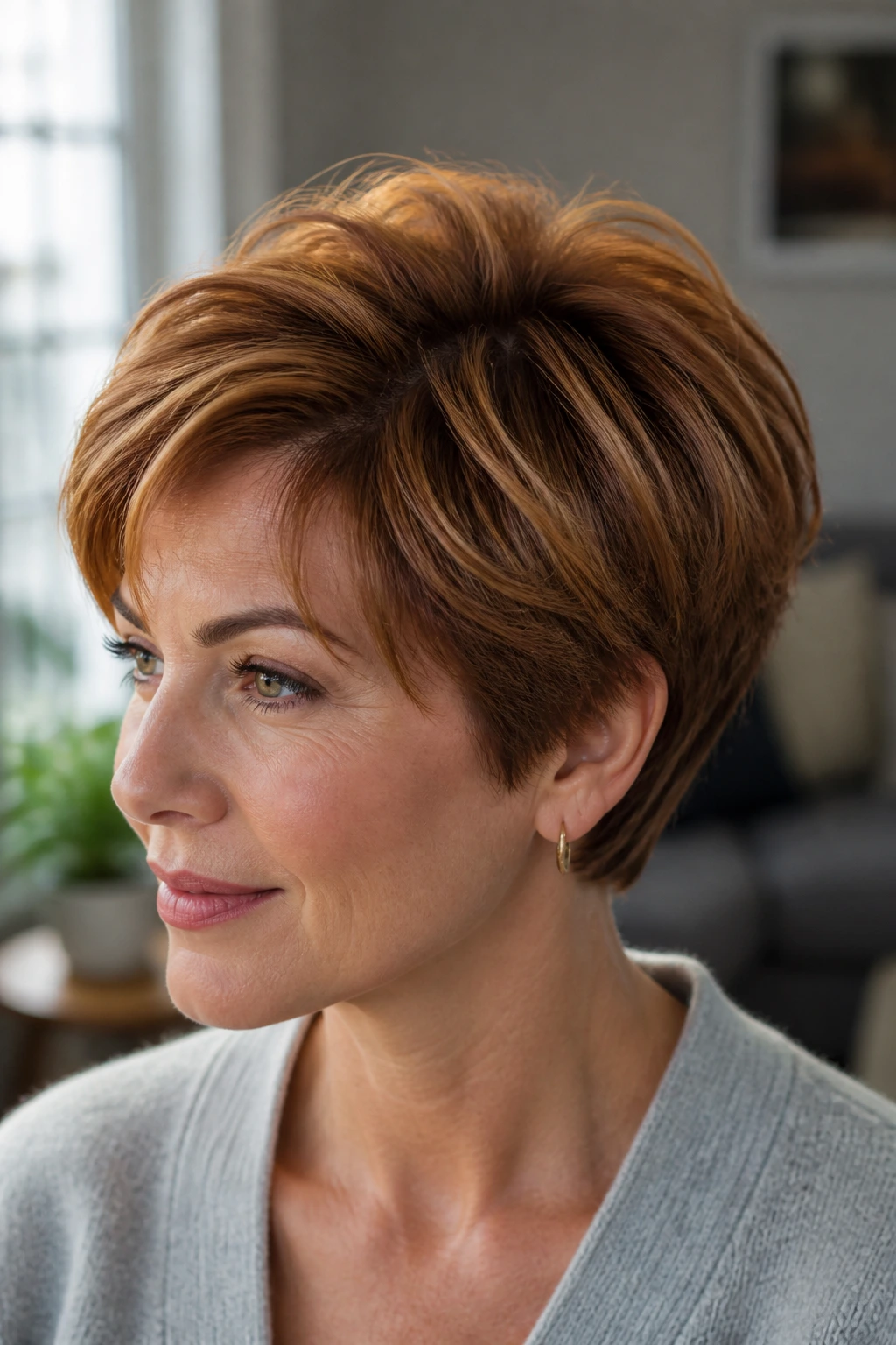 Close-up of auburn halo highlights around the crown on short hair