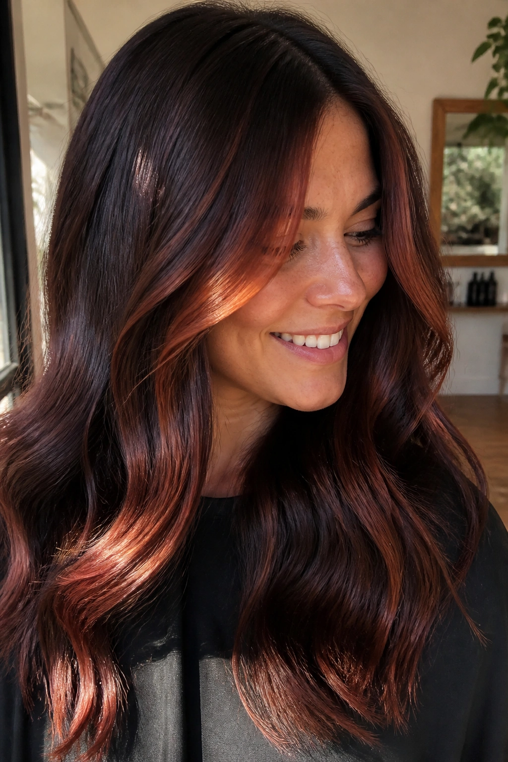 Close-up of brunette with auburn highlights and soft red shift around face