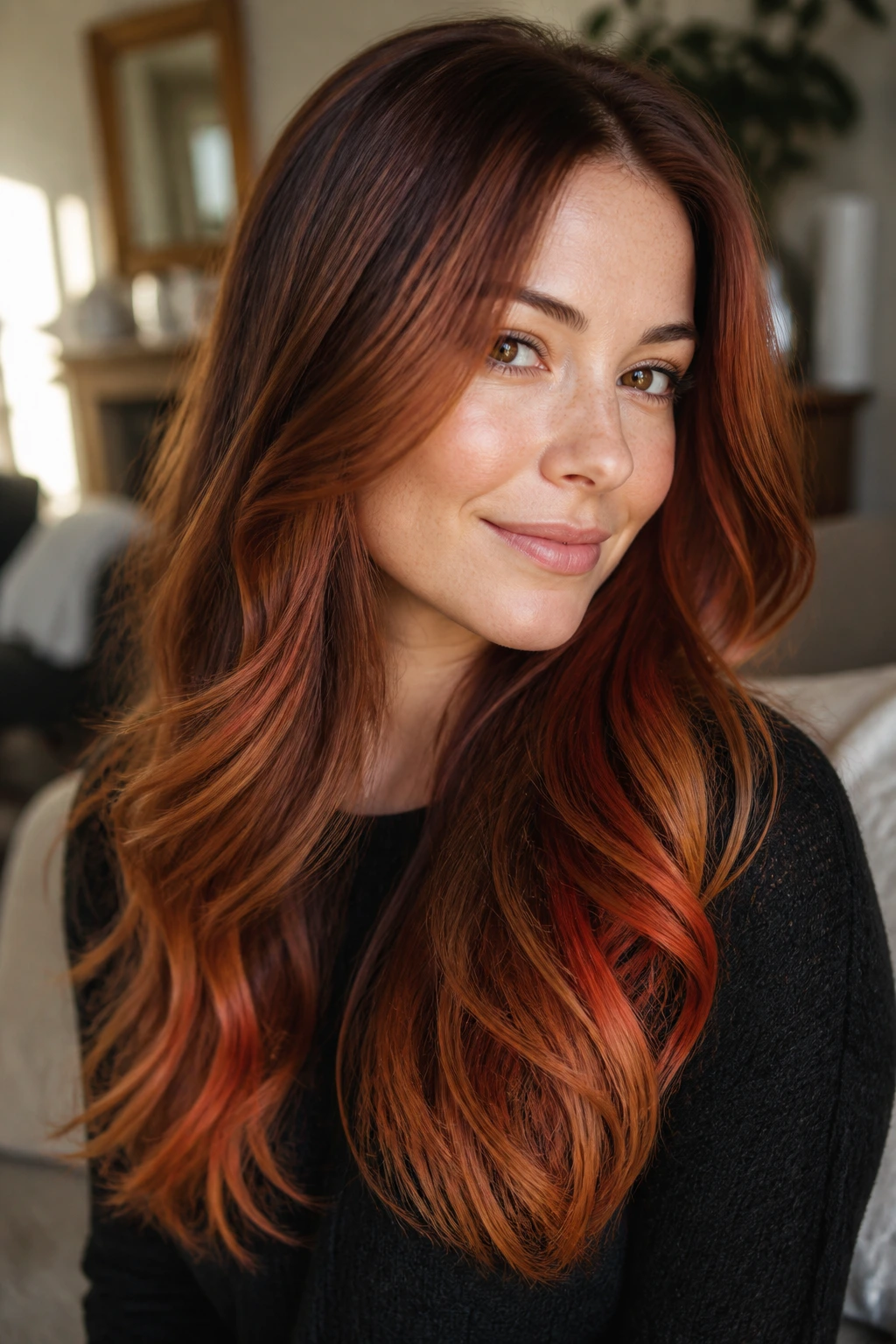 Close-up portrait of a real woman with auburn lowlights and copper ends in long hair
