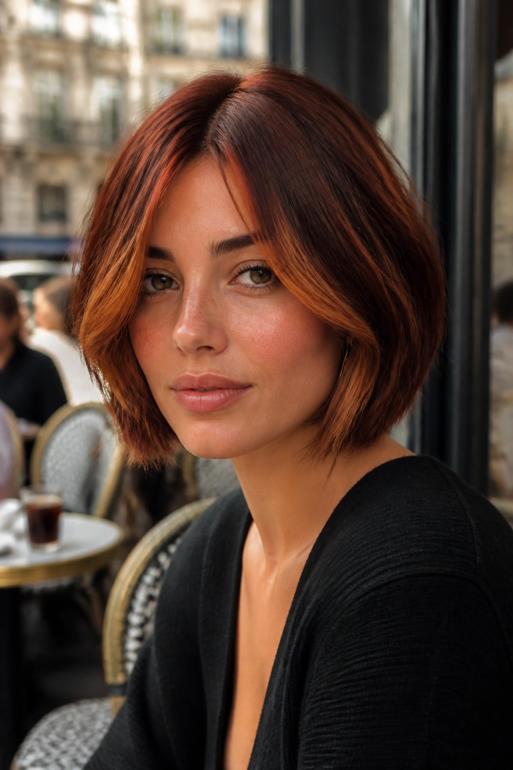 Portrait of a real woman with auburn money pieces on a French bob