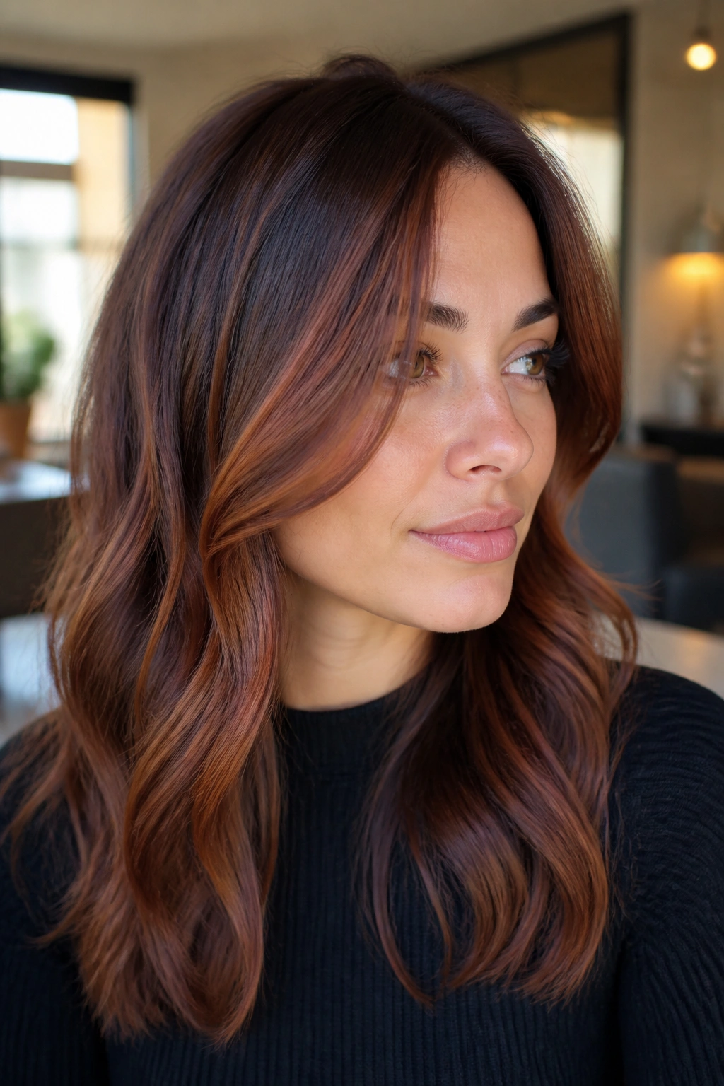 Close-up of a brunette with auburn money piece blending into base, glossy front