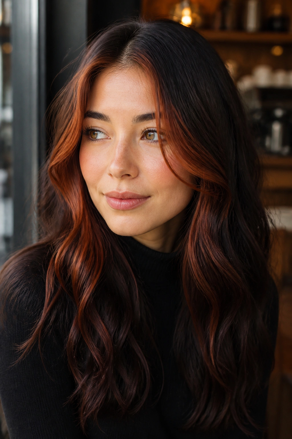 Portrait of a woman with auburn money piece against dark brunette base.