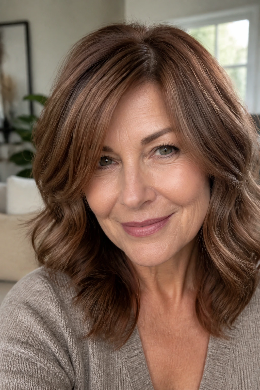 Close-up portrait of a real woman with a soft auburn mushroom brown hair blend in daylight