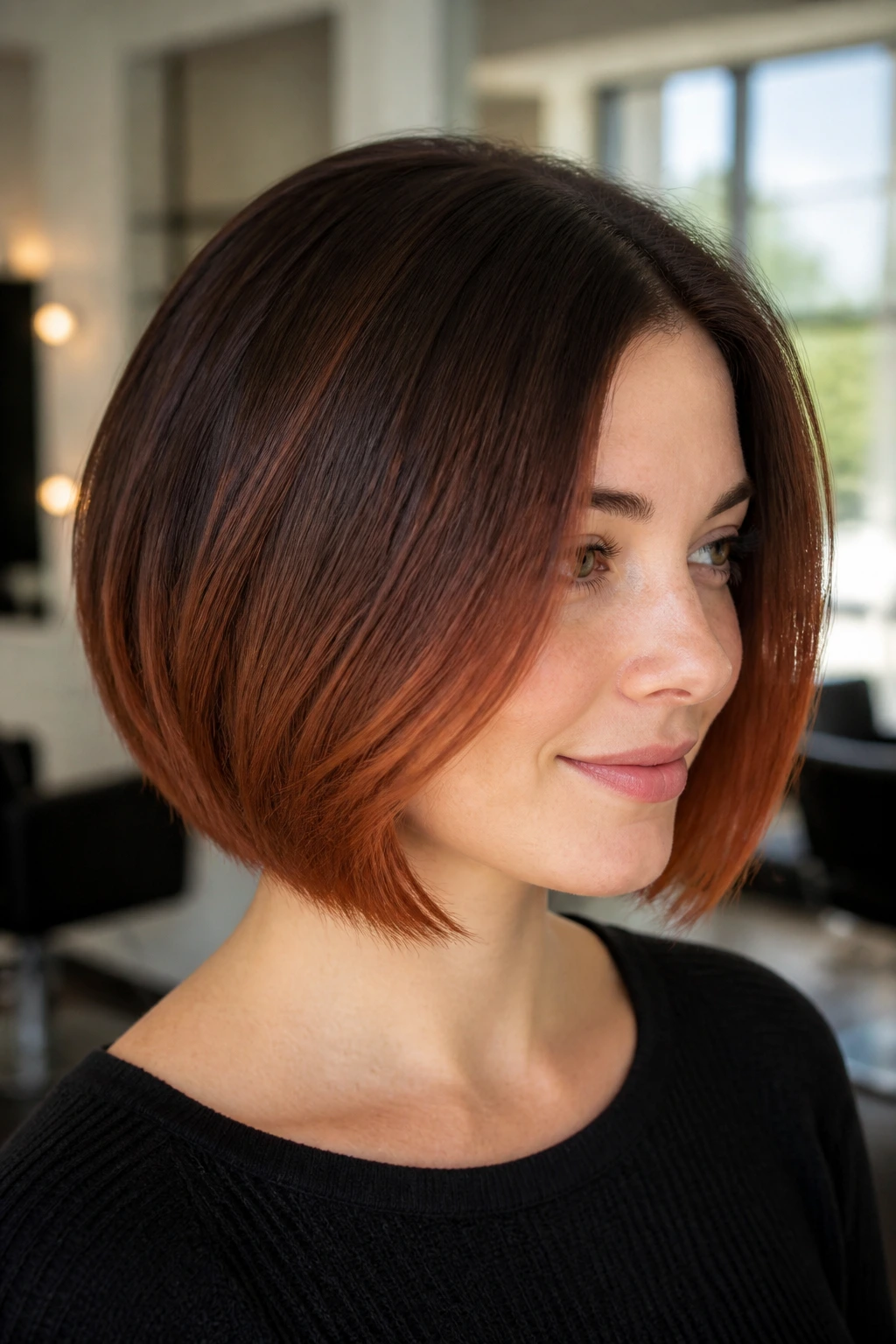 Close-up of a real person with an Auburn Ombré Bob showing subtle gradient.