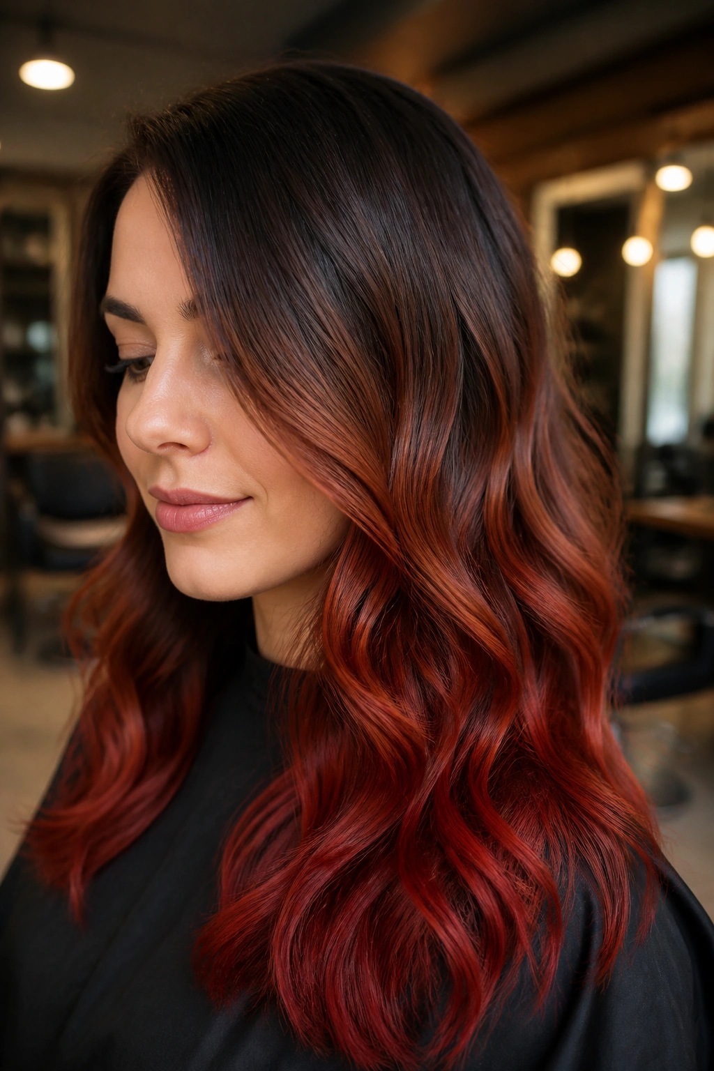 Close-up of a real woman with brunette roots fading into auburn and red ends