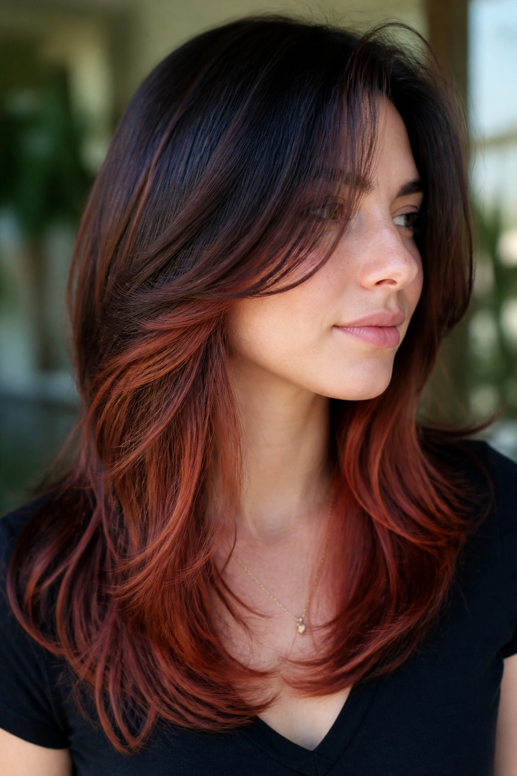 Close-up portrait of a woman with auburn peekaboo layers visible as hair catches light outdoors.