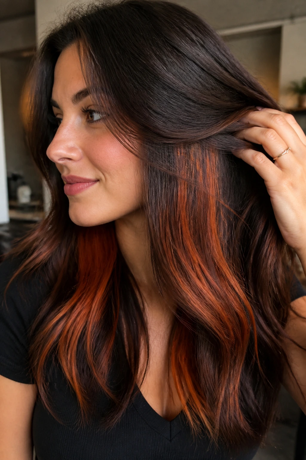 Brunette with auburn peekaboo panels under the top layer