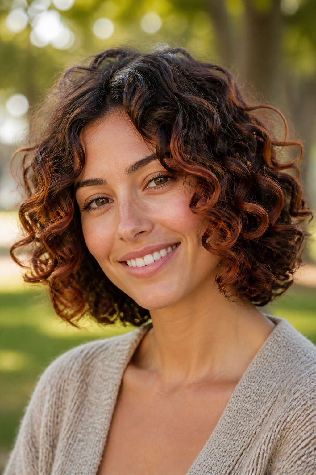 Close-up of a real woman with auburn ribbons on a curly bob in natural daylight at a park.