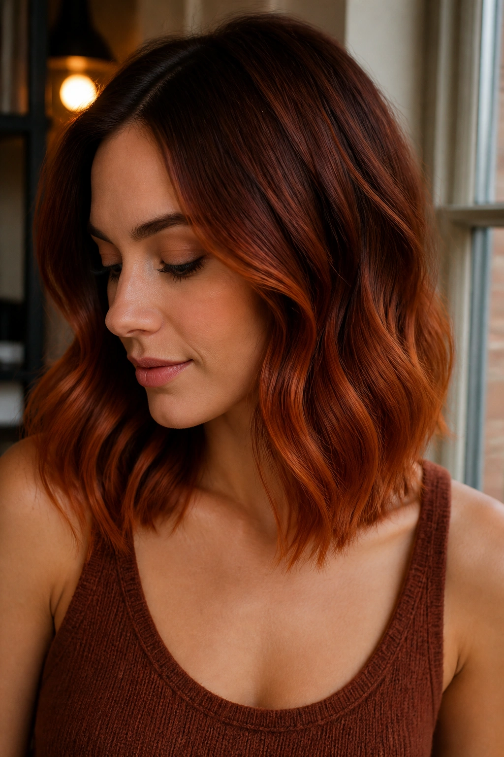 Portrait of a real woman with auburn to rusty ends ombre