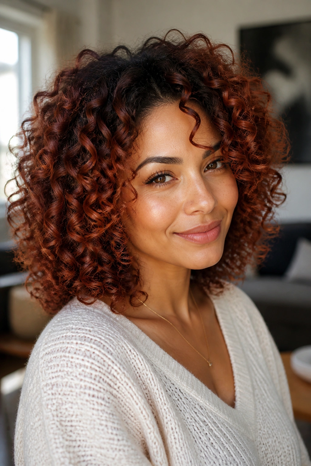 Close-up of curly hair with auburn shadow root and copper tones on a real woman