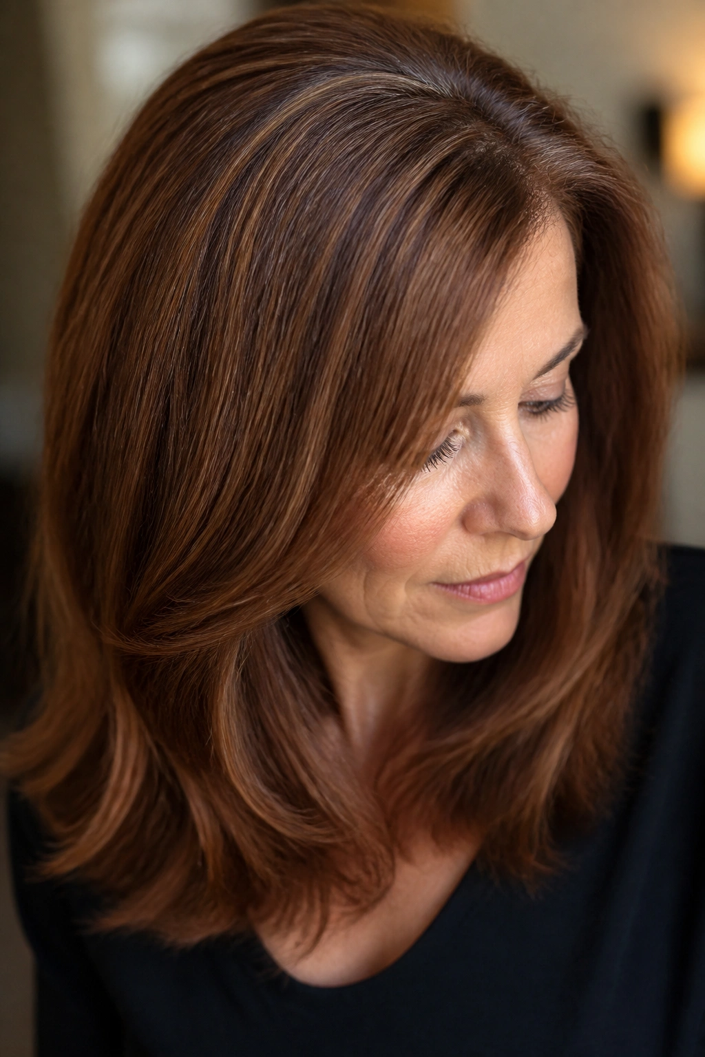Close-up of auburn hair with soft dimension and blended grey roots on a real person