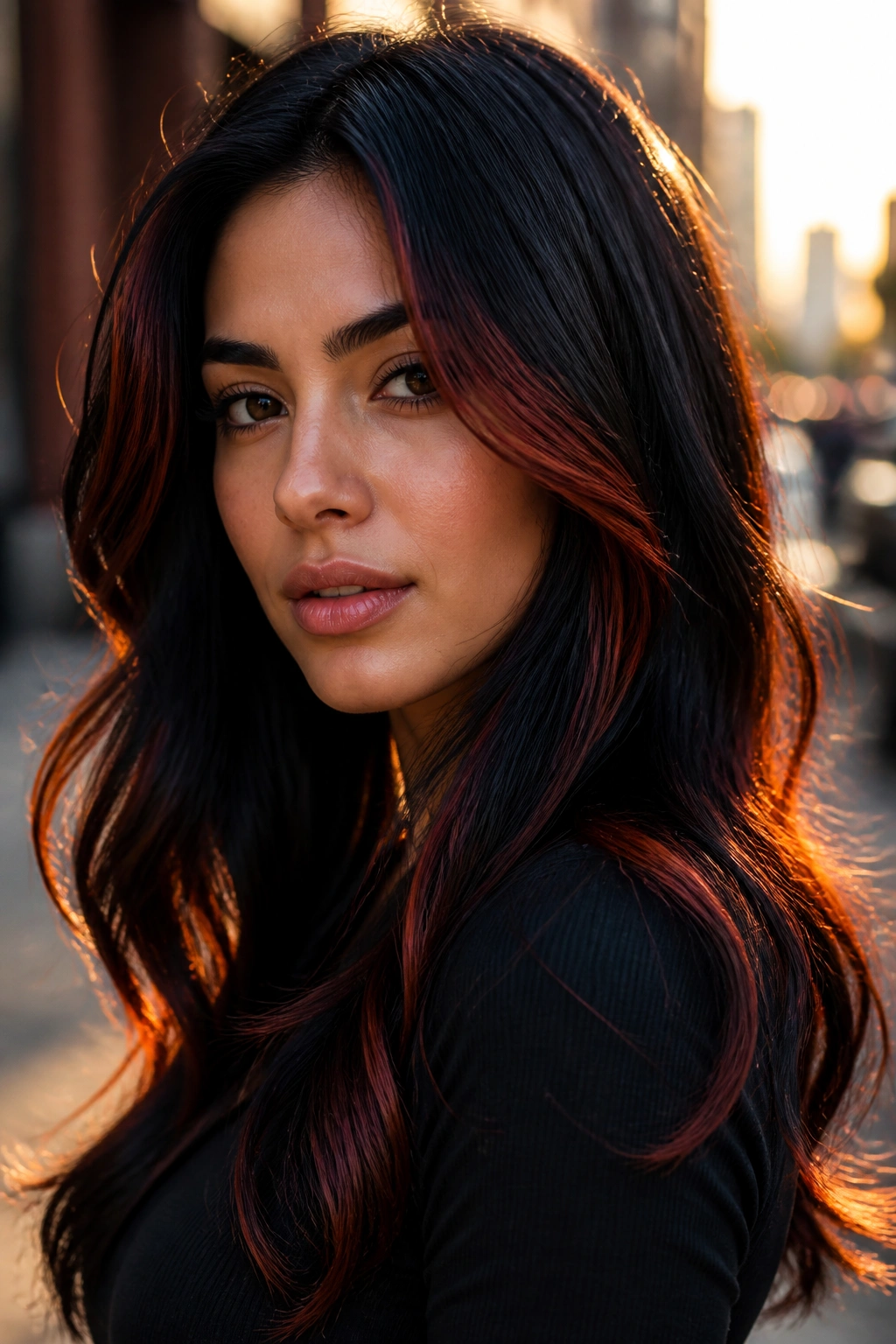 Close-up of black hair with auburn streaks on a real person