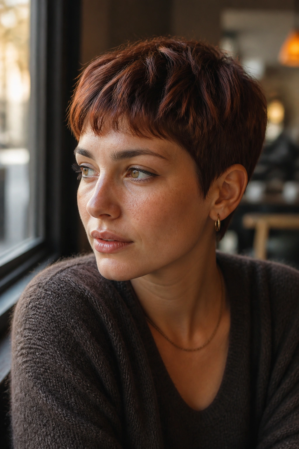 Close-up of a real woman with an auburn-tinted crop and soft fringe.