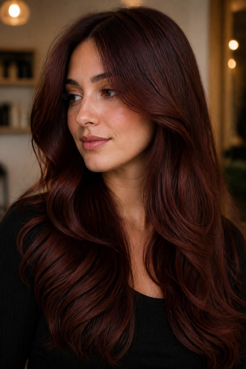 Close-up portrait of a real woman with auburn velvet hair and warm lighting
