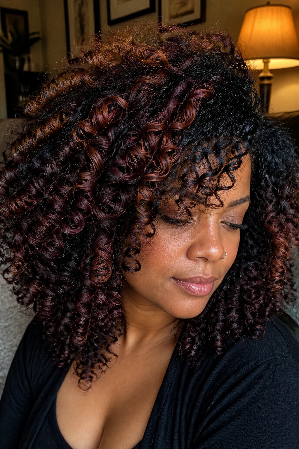 Close-up black curls with auburn and wine balayage