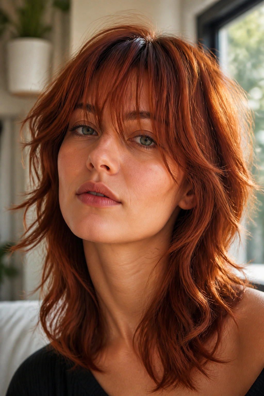 Real person with auburn wolf cut and airy fringe, natural daylight portrait.