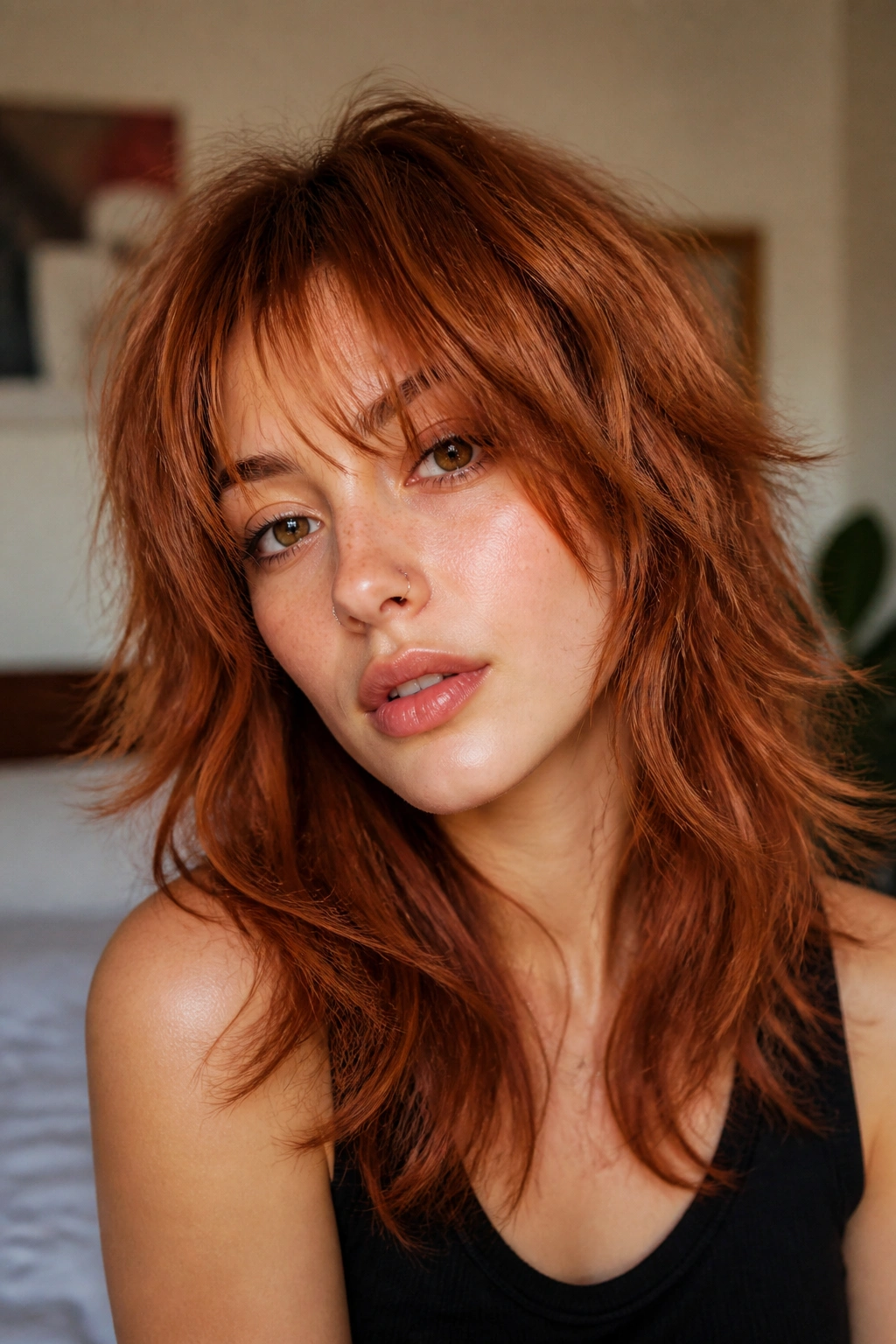 Real person with Auburn Shaggy Wolf Cut showing shoulder-length layers in auburn.