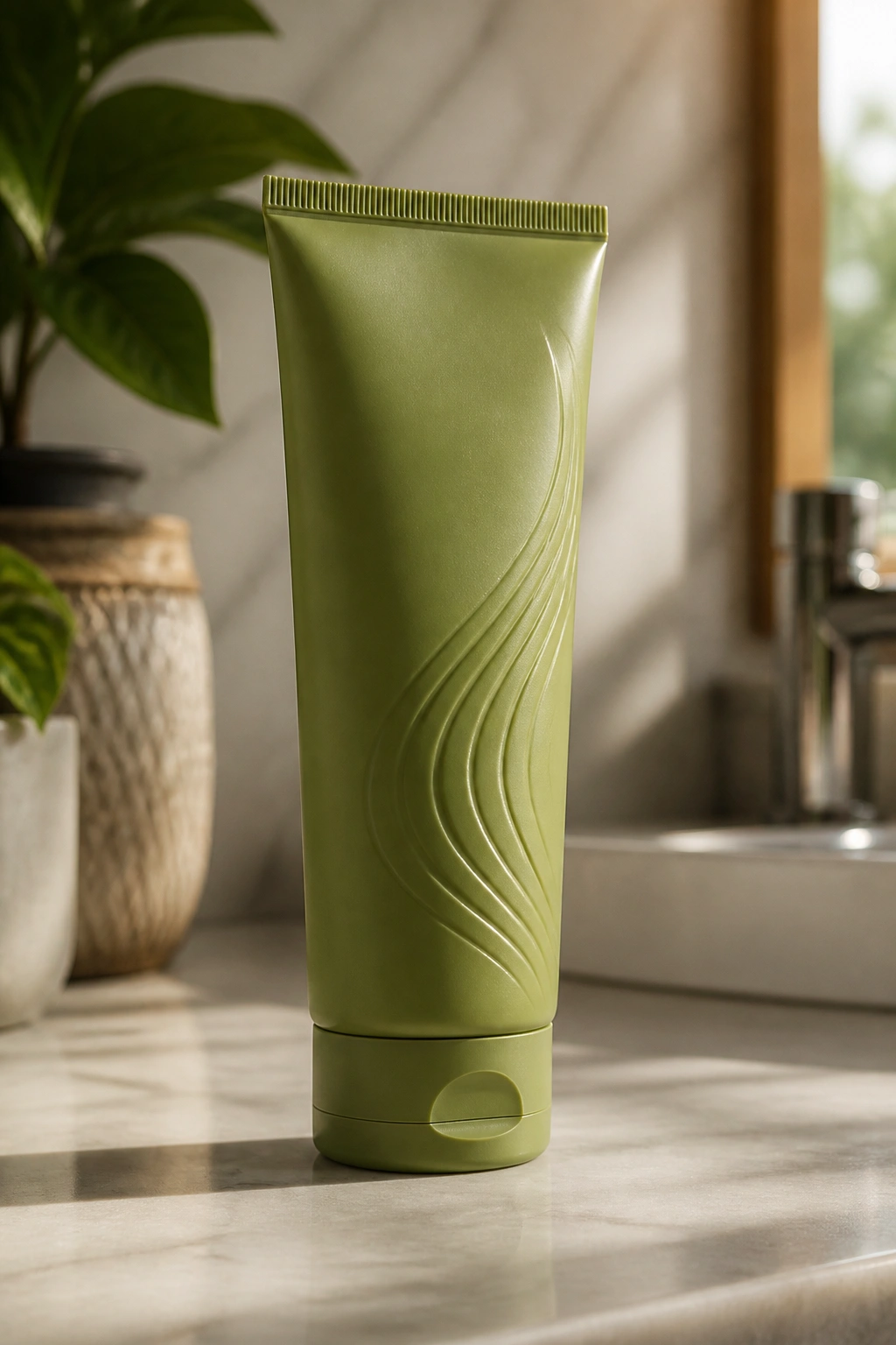 Close-up of Aveda Be Curly Advanced Curl Enhancer Cream bottle on bathroom counter with no visible label text