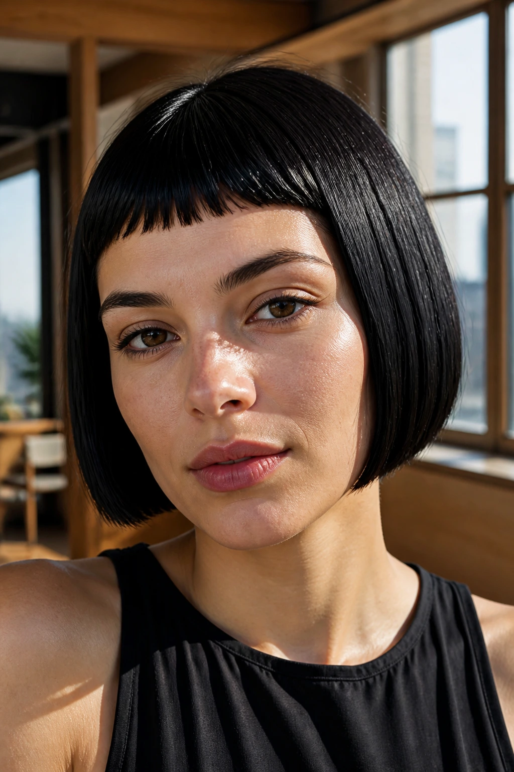 Close-up of a real person with baby bangs above the brows and a straight bob