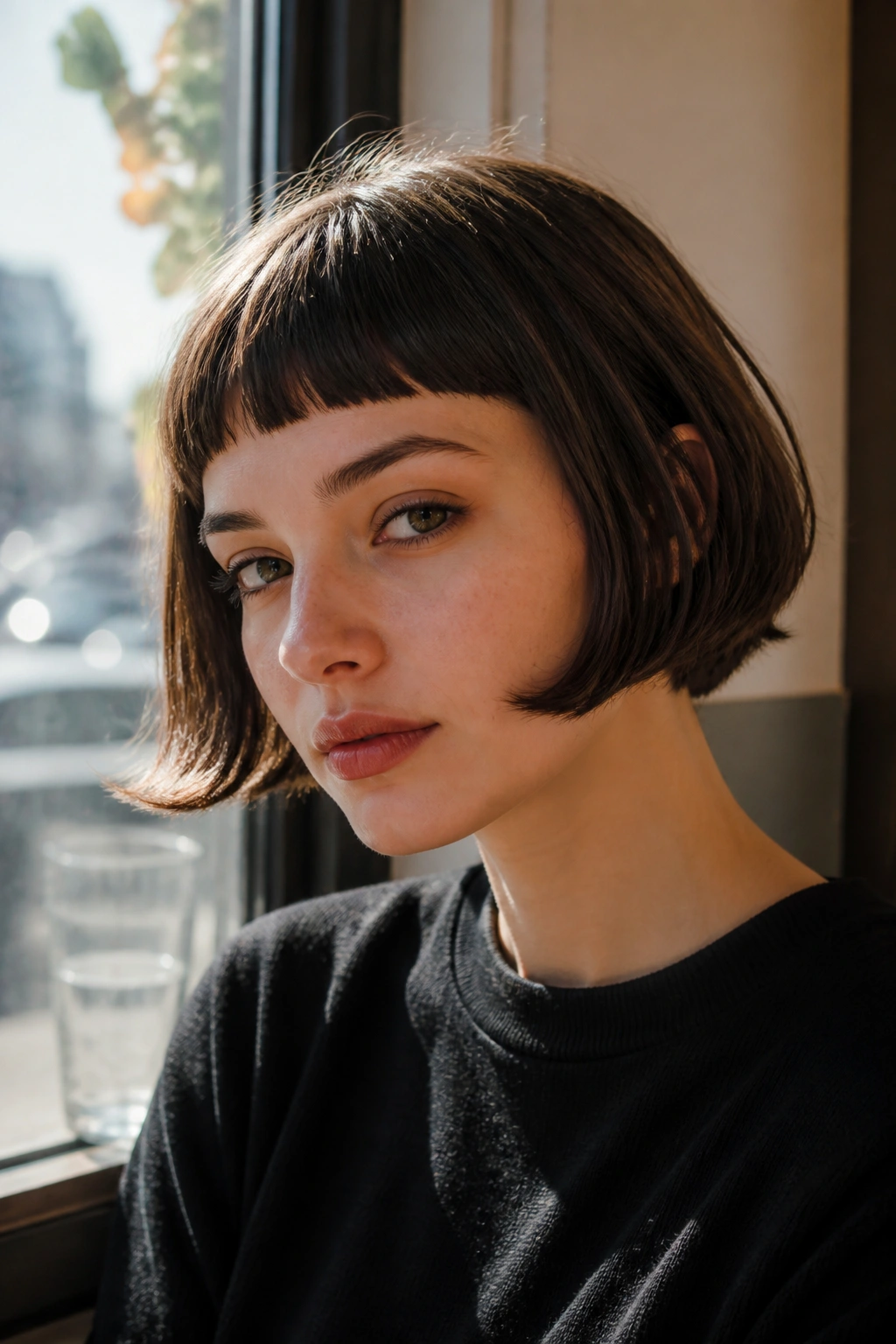 Real person with baby bang French bob in sunlight