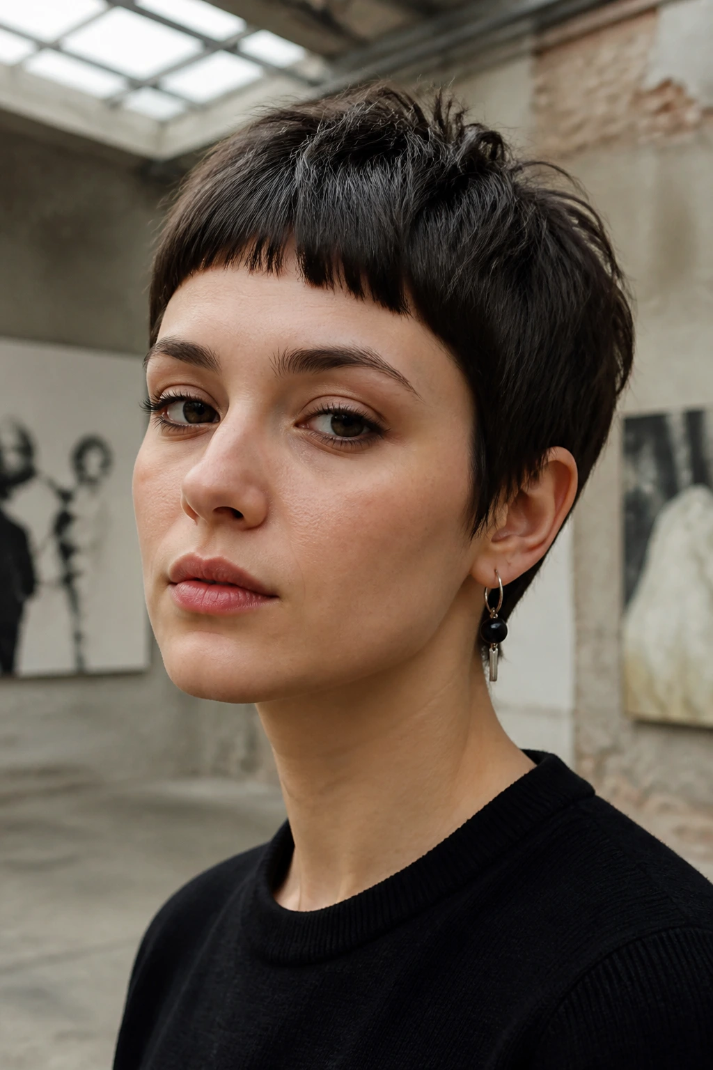 Real person with baby-bang pixie hairstyle in a gallery setting