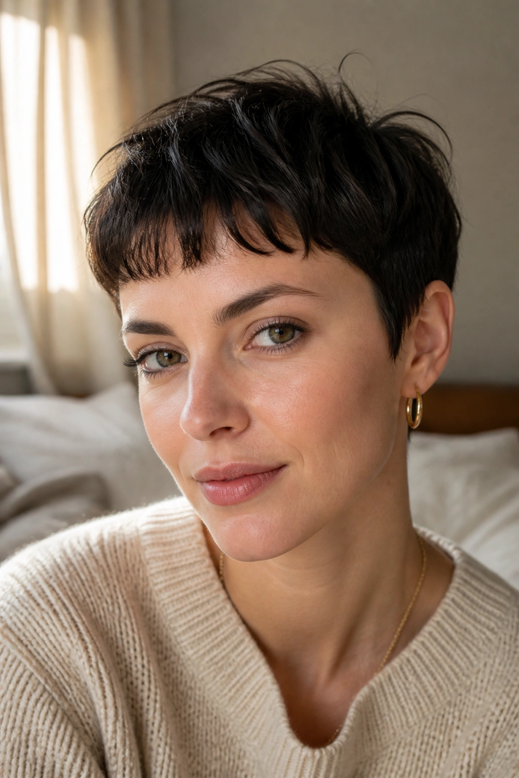 Portrait of woman with baby bang pixie, a soft forehead-skimming fringe.