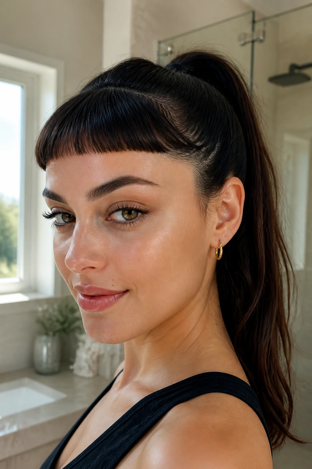 Close-up portrait of a real person with baby bangs and a high ponytail