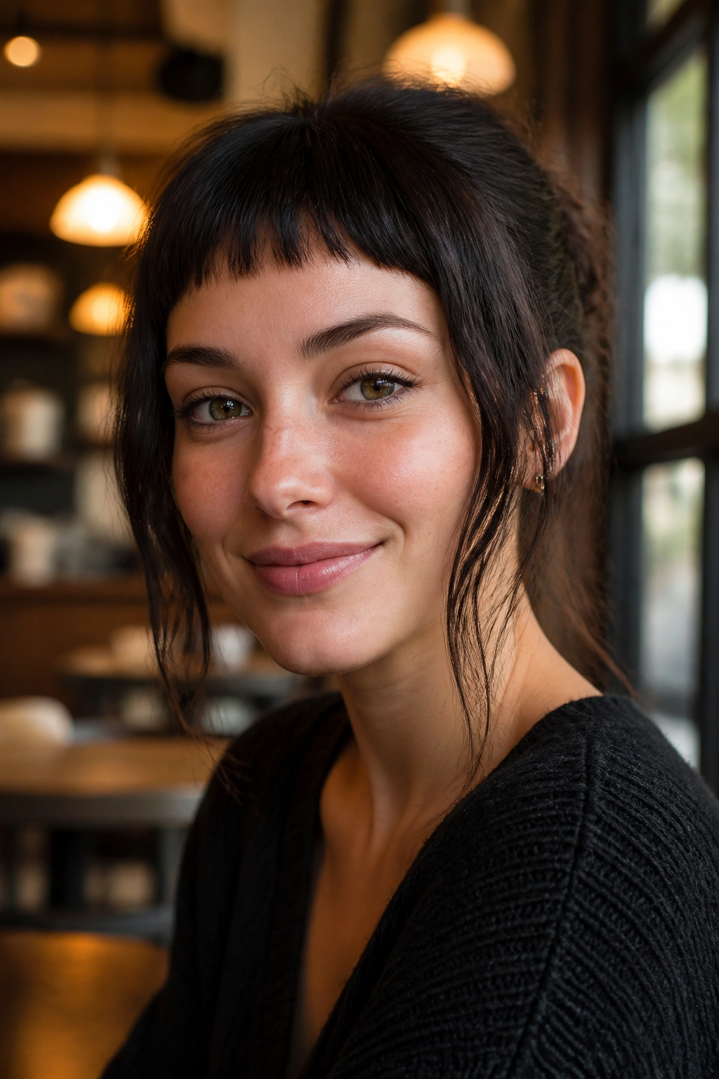 Real woman with baby bangs and longer side pieces in warm cafe light