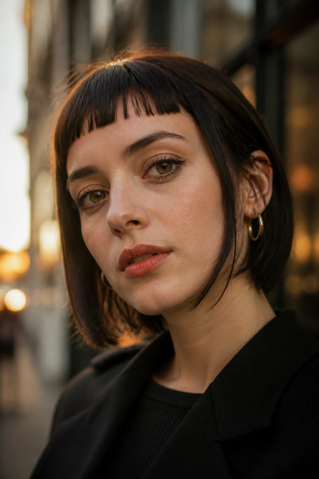 Close-up of a real woman with micro-bangs above the eyebrows in golden hour light