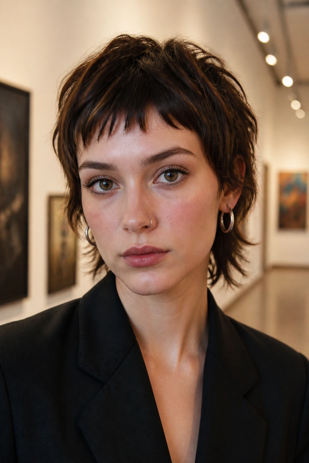Close-up portrait with cropped wolf cut and baby bangs in an art-gallery setting